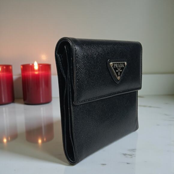 Authentic Prada Saffiano Leather Triangle Logo Trifold Black Wallet - Picture 5 of 16